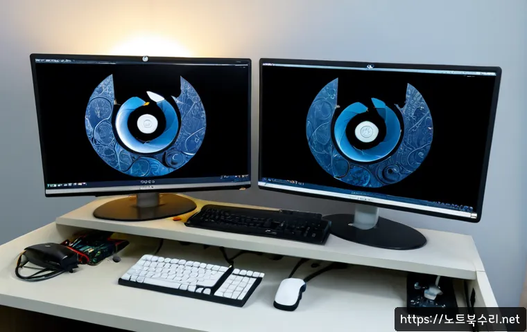 월송동 STATUS_INVALID_THREAD - Photorealistic remote-support workstation in a quiet Wolseong-dong apartment office, dual monitors s...