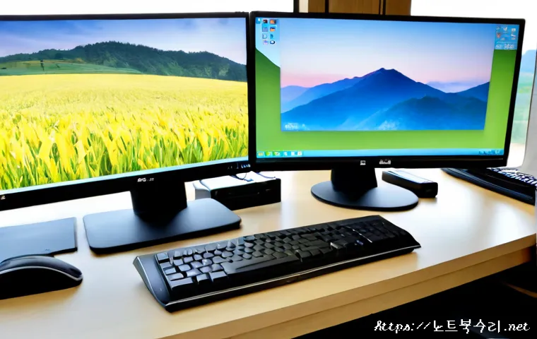일죽면 linux재설치 포맷  초기화 - Photorealistic remote-support workstation in a quiet rural Korean office, dual monitors showing abst...