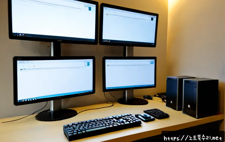 야탑동 STATUS_INVALID_PAGE - Photorealistic IT support workstation in a modern Bundang-style office, dual monitors showing a blan...