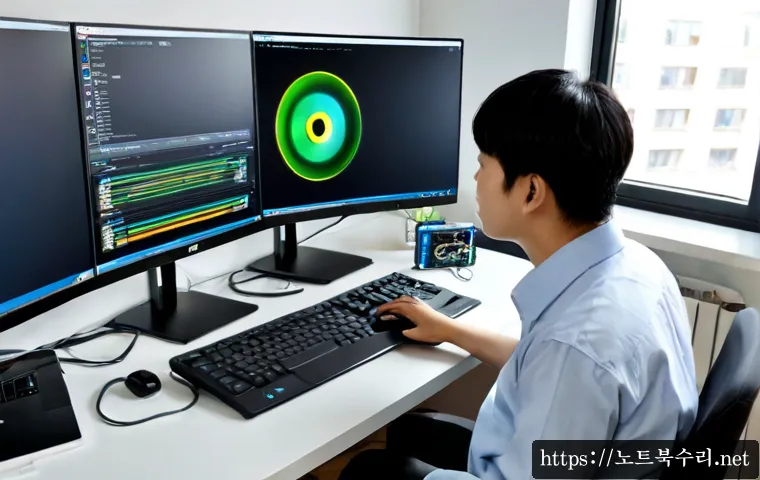 하거동 STATUS_KERNEL_DISK_ERROR - Photorealistic IT support workstation in a modern Hageo-dong apartment office, dual monitors showing...