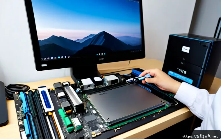남현동 SSD조립 및 교체수리 - Photorealistic computer repair workstation in a compact Namhyeon-dong apartment office, technician i...