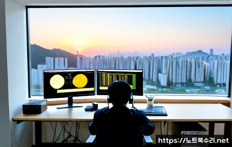 거여동 STATUS_PROTECTION_ERROR - Photorealistic IT support workstation in a compact Geoyeo-dong apartment office, dual monitors showi...