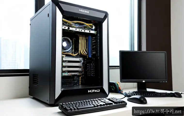 동산동 부팅안됨 - Photorealistic PC repair workstation in a compact Dongseong-dong apartment office, desktop tower ope...