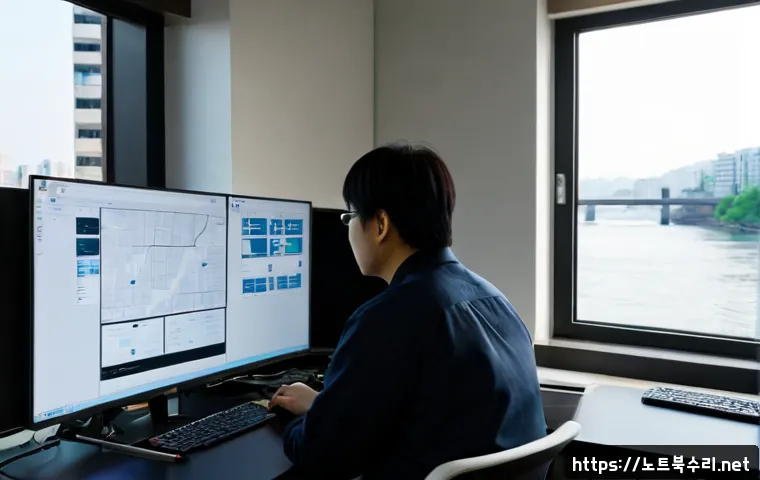 대황교동 STATUS_PAGEFILE_MISSING - Photorealistic IT support workstation in a compact office near a riverside bridge district, dual mon...