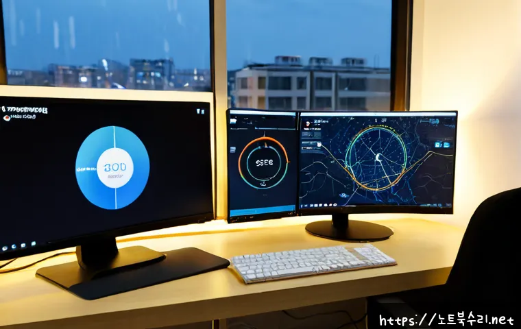 수산동 STATUS_KERNEL_NETWORK_ERROR - Photorealistic IT support workstation in a quiet Sasan-dong apartment office, dual monitors displayi...