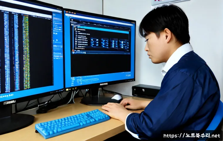 경동 SYSTEM_LICENSE_VIOLATION - Photorealistic IT technician at a dual-monitor workstation, inspecting a desktop computer with a bla...