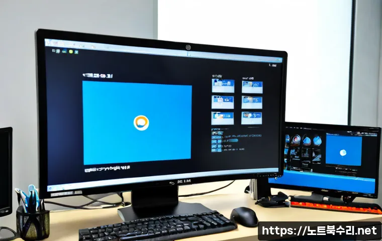 사근동 블루스크린 - Photorealistic IT support workstation in a compact Seongdong-gu office, dual monitors with one showi...