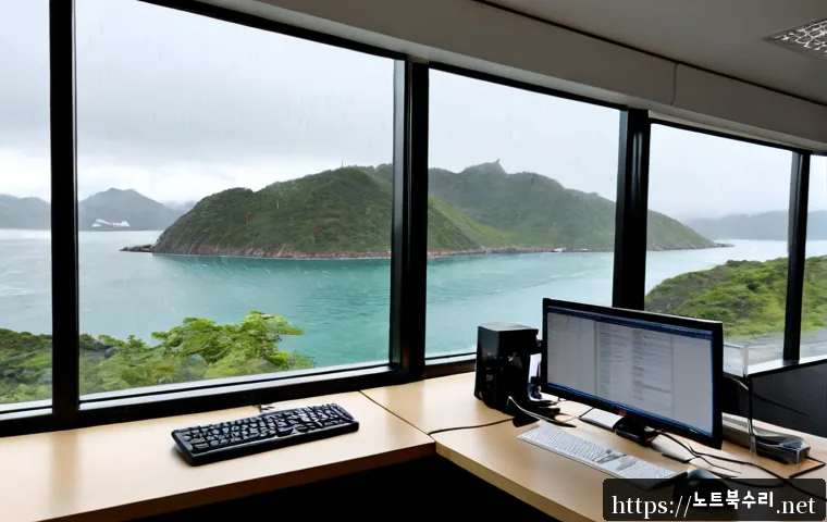 북도면 STATUS_INVALID_PAGE - Photorealistic IT support workstation in a quiet coastal island office, dual monitors showing a blan...