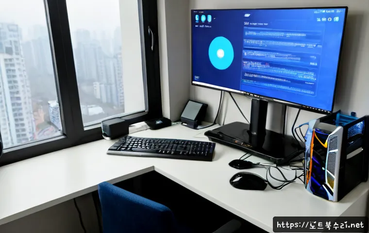 범박동 DRIVER_VERIFIER_DETECTED_VIOLATION - Photorealistic home office in a compact Korean apartment, desktop monitor showing a blue system cras...
