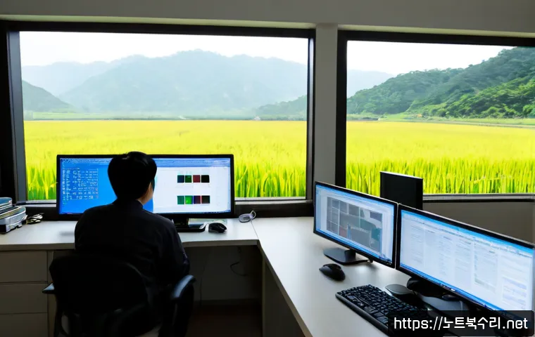 고덕면 STATUS_KERNEL_FILE_SYSTEM_ERROR - Photorealistic modern workstation in a quiet Korean rural township office, dual monitors showing an ...