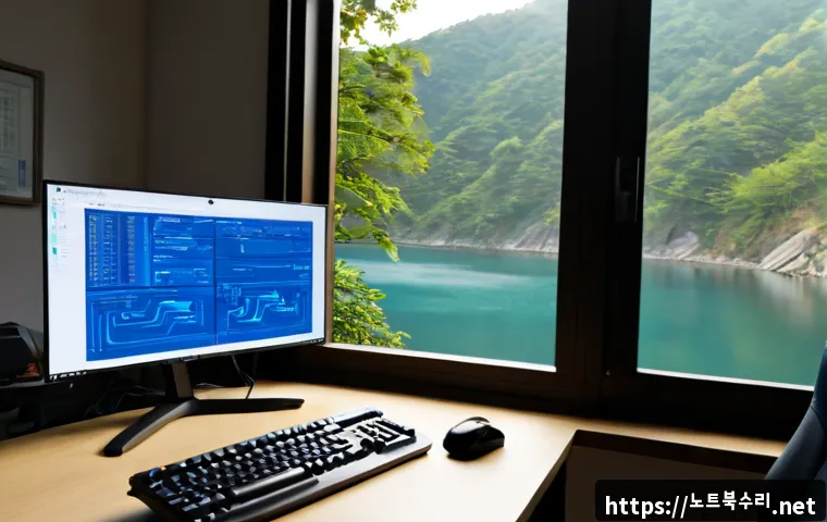 청평면 SYSTEM_SERVICE_EXCEPTION - Photorealistic remote-support workstation in a quiet lakeside Korean township office, dual monitors ...