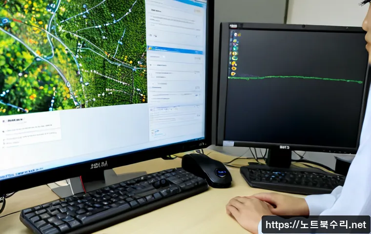 소흘읍 STATUS_KERNEL_NETWORK_ERROR - Photorealistic IT support workstation in a quiet suburban Korean office near low wooded hills, dual ...