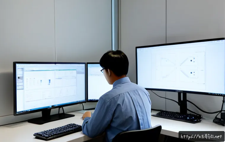 덕은동 VENDOR_DEFINED_ERROR - Photorealistic remote-support workstation in a modern Deogeun-dong office, dual monitors showing a c...