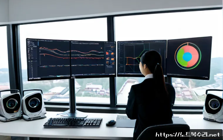 파주시 STATUS_INVALID_DISPOSITION - Photorealistic software support workstation in a modern Paju office, dual monitors showing abstract ...