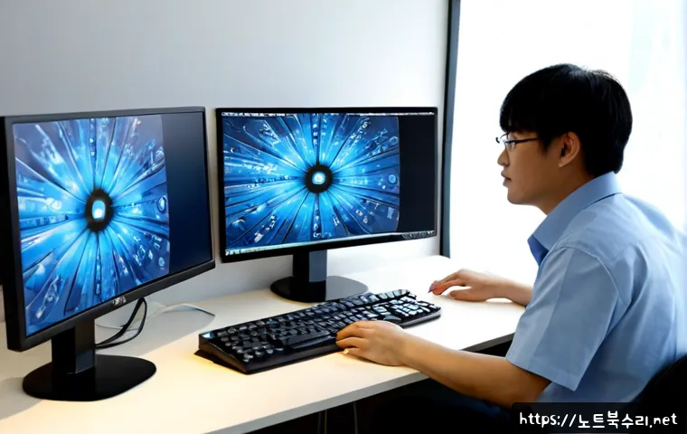 묵동 STATUS_MEMORY_OVERFLOW - Photorealistic IT support workstation in a compact Mukdong apartment office, dual monitors showing a...