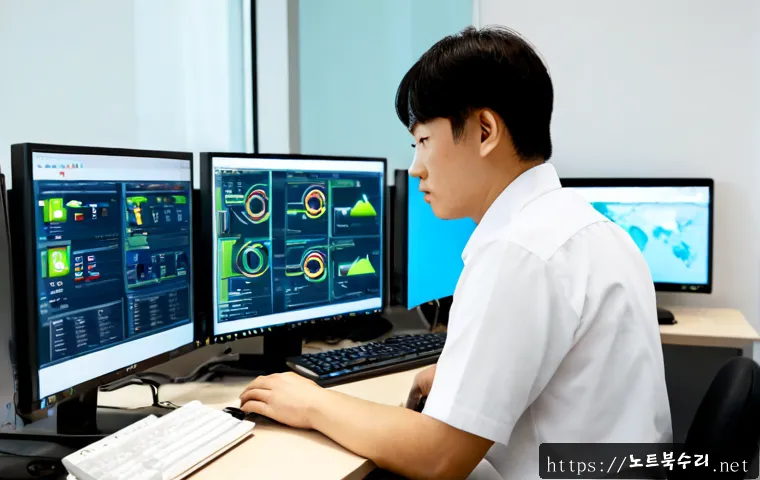 서탄면 STATUS_SECURITY_POLICY_VIOLATION - Photorealistic IT support workstation in a modern office near a quiet Korean industrial township, du...