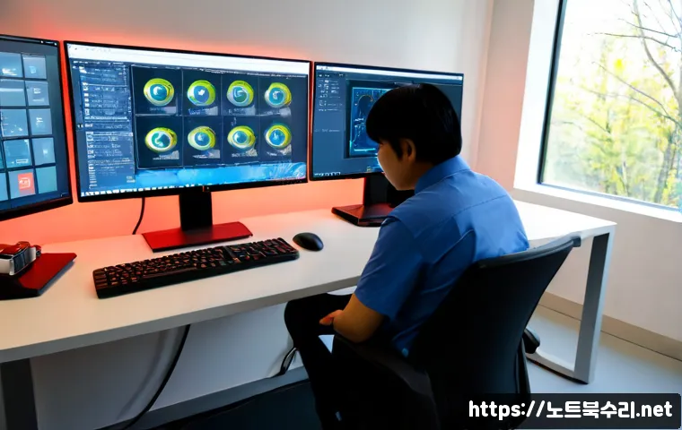 계양구 CRITICAL_OBJECT_TERMINATION - Photorealistic IT support workstation in a modern office near a leafy suburban district, dual monito...