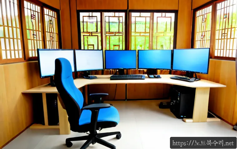 계동 STATUS_PRIVILEGED_INSTRUCTION - Photorealistic remote support workstation in a quiet Gyedong-inspired courtyard office, dual monitor...