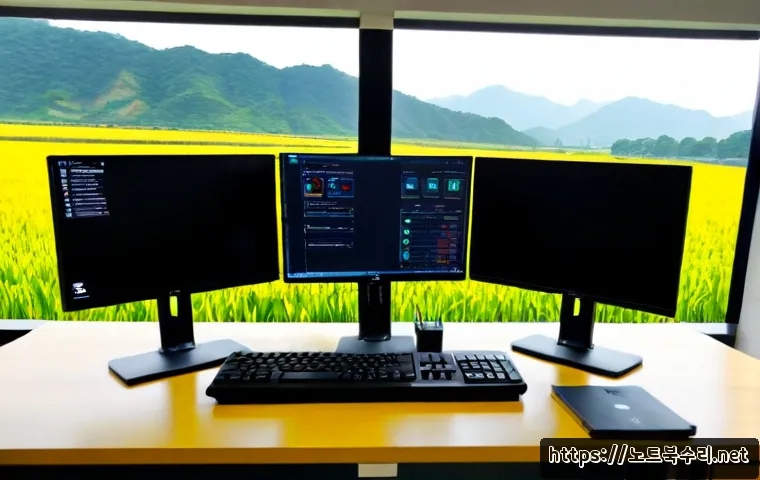 보개면 INTERNAL_POWER_ERROR - Photorealistic IT support workstation in a quiet rural Korean office, dual monitors showing a text-f...