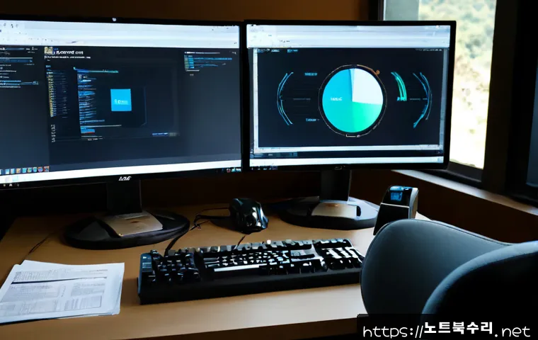 모현면 STATUS_FILE_CORRUPTION - Photorealistic remote-support workstation in a quiet semi-rural Korean office near low wooded hills,...