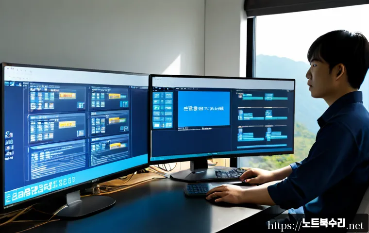 논곡동 STATUS_KERNEL_THREAD_FAILURE - Photorealistic IT support workstation in a modern Nonga-dong office, dual monitors showing a blank b...