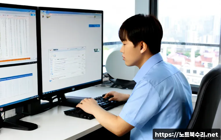 교산동 DRIVER_PORTION_MUST_BE_NONPAGED - Photorealistic IT support workstation in a compact Gyosan-dong office, technician studying a dual-mo...