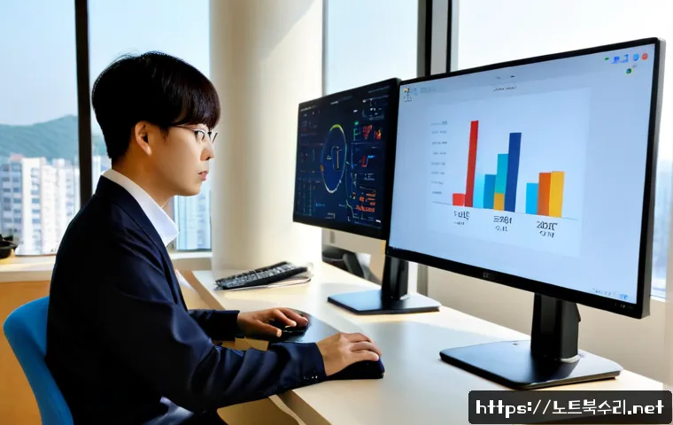 수청동 STATUS_STACK_UNDERFLOW - Photorealistic IT support workstation in a compact Sucheong-dong office, dual monitors showing abstr...