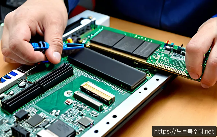 옥정동 RAM조립 및 교체수리 - Photorealistic close-up of a skilled computer technician installing two new RAM modules into a clean...