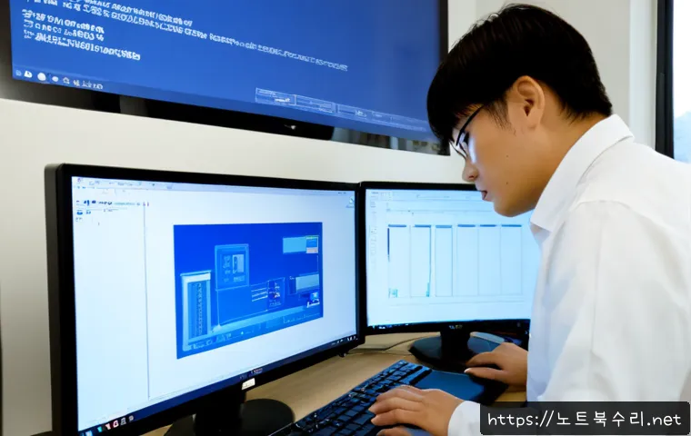 팔달로 STATUS_KERNEL_HEAP_CORRUPTION - Photorealistic IT support workstation in a compact office near a historic hillside district, dual mo...