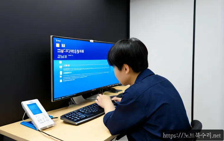 금산동 CRITICAL_PROCESS_DIED - Photorealistic remote-support workstation in Geumsan-dong, dual monitors with a blank blue system cr...