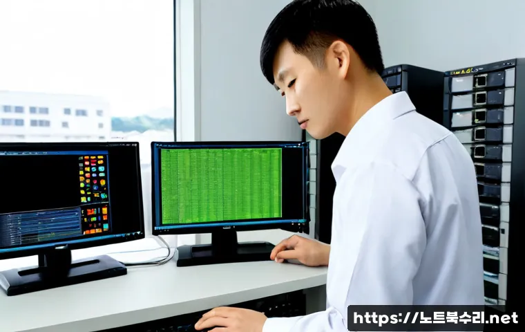 상대원동 STATUS_KERNEL_MODULE_NOT_FOUND - Photorealistic IT support workstation in a compact industrial office, dual monitors showing a clean ...