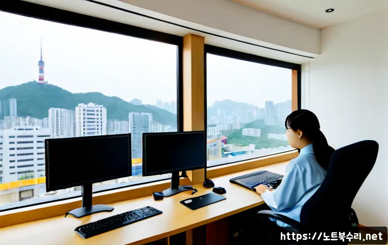 수청동 STATUS_MODULE_CORRUPTION - Photorealistic remote IT support workstation in a compact Korean apartment office, dual monitors sho...