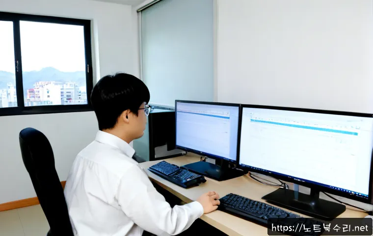 수석동 STATUS_INVALID_CALLER - Photorealistic IT support workstation in a quiet suburban Korean office, dual monitors showing a bla...