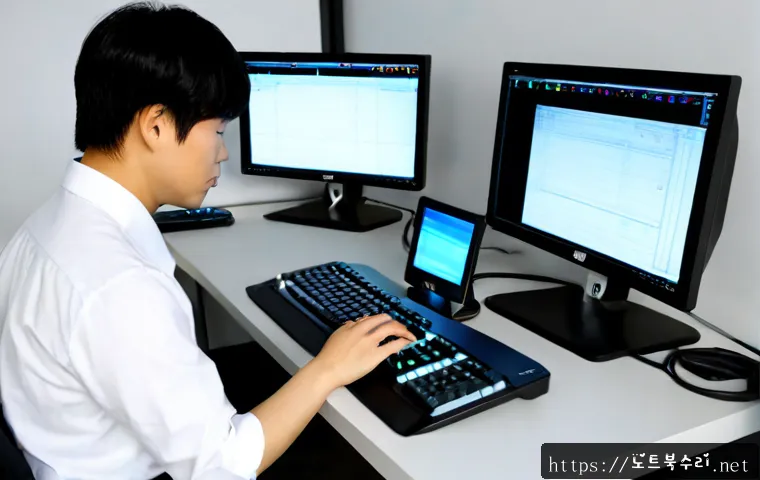 보산동 STATUS_INVALID_PARAMETER - Photorealistic IT support workstation in a compact Bosandong-style office, dual monitors displaying ...