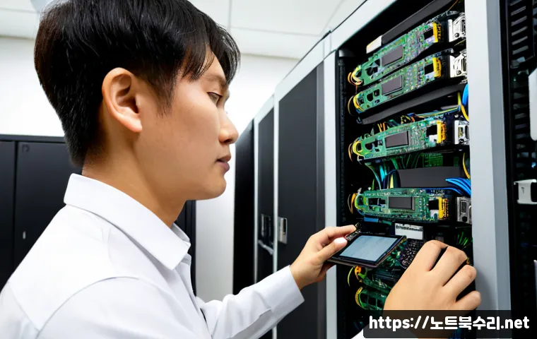 신내동 server출장방문수리점 - Photorealistic server technician performing an onsite repair in a compact Sinnae-dong office server ...