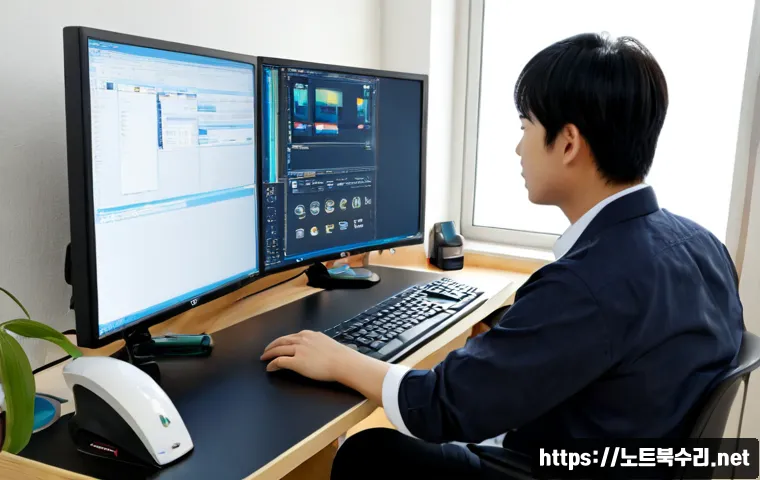 지제동 VENDOR_DEFINED_ERROR - Photorealistic IT support workstation in Jije-dong, an engineer studying a dual-monitor desktop with...