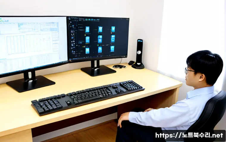 감북동 THREAD_TERMINATION_PORT - Photorealistic remote-support workstation in a quiet Korean suburban office, dual monitors showing a...