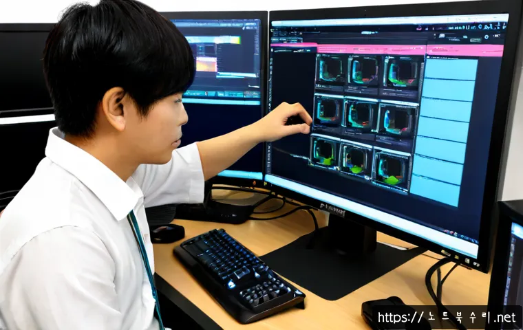 내유동 STATUS_KERNEL_REGISTRY_ERROR - Photorealistic IT support workstation in a modern office, dual monitors showing a dark abstract syst...