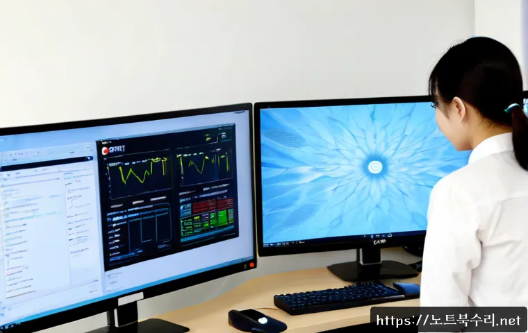 상갈동 STATUS_PAGE_FAULT - Photorealistic IT support workstation in a modern Korean office near Sanggal-dong, dual monitors sho...