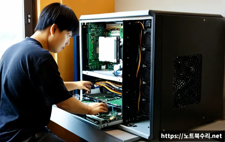 선유동 메인보드조립 및 교체수리 - Photorealistic computer repair bench in a compact Seonyu-dong studio, technician carefully installin...