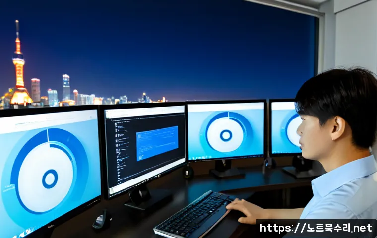 난곡동 CLOCK_WATCHDOG_TIMEOUT - Photorealistic remote-support scene in a compact hillside apartment office, dual-monitor workstation...