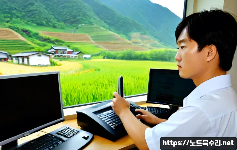 산북면 DEVICE_DRIVER_MISMATCH - Photorealistic remote-support workstation in a quiet Korean rural township office, IT technician stu...