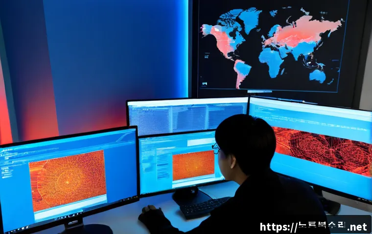 이천시 악성코드 바이러스 - Photorealistic cybersecurity technician at a dual-monitor workstation in a modern Icheon office, inv...