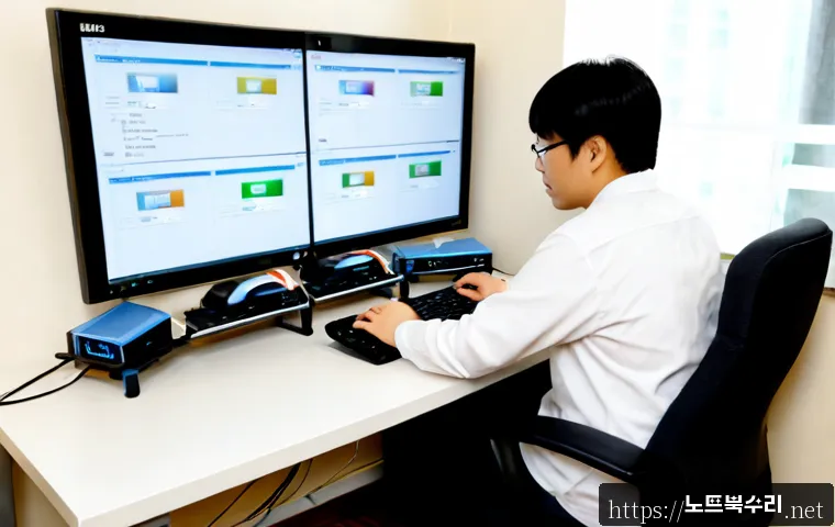원천동 해놀로지 xpenology 구축 - Photorealistic remote-support technician configuring a compact home NAS server rack at a clean works...