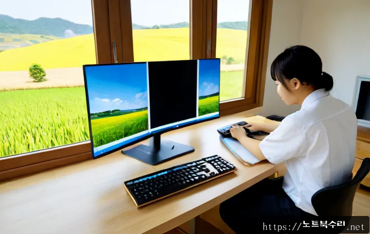 송해면 중고컴퓨터 pc 출장판매설치 - Photorealistic rural home office in Songhae-myeon, technician carefully installing a refurbished des...