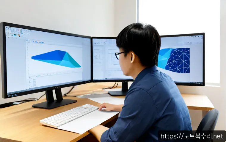 기배동 SESSION_HAS_VALID_VIEWS_ON_EXIT - Photorealistic product design workstation in a bright Gibaedong-style suburban office, dual monitors...