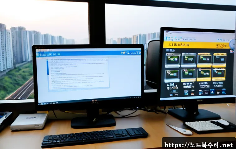 용산구 STATUS_KERNEL_UNSUPPORTED_DEVICE - Photorealistic IT support workstation in Yongsan, Seoul, dual monitors showing a blank device compat...