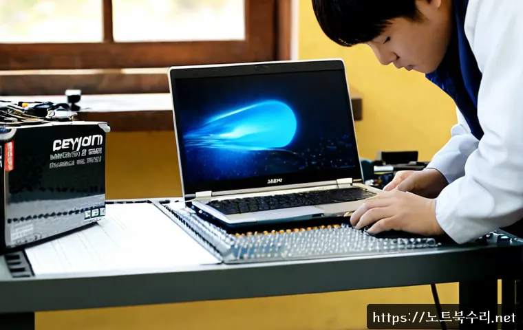 마도면 맥북프로 판매 및 수리 - Photorealistic laptop repair bench in a quiet Madomyeon electronics workshop, technician carefully r...