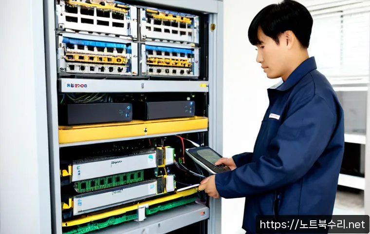 화서동 서버출장방문수리점 - Photorealistic onsite server repair in a compact Hwaseo-dong office, technician in a clean neutral w...