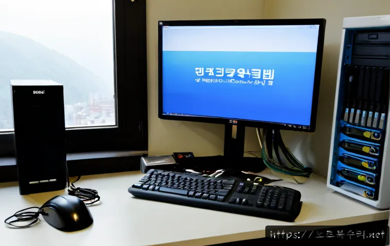 장암동 BOOTMGR is missing - Photorealistic IT support workstation in a compact Jangam-dong office, desktop monitor showing a dar...